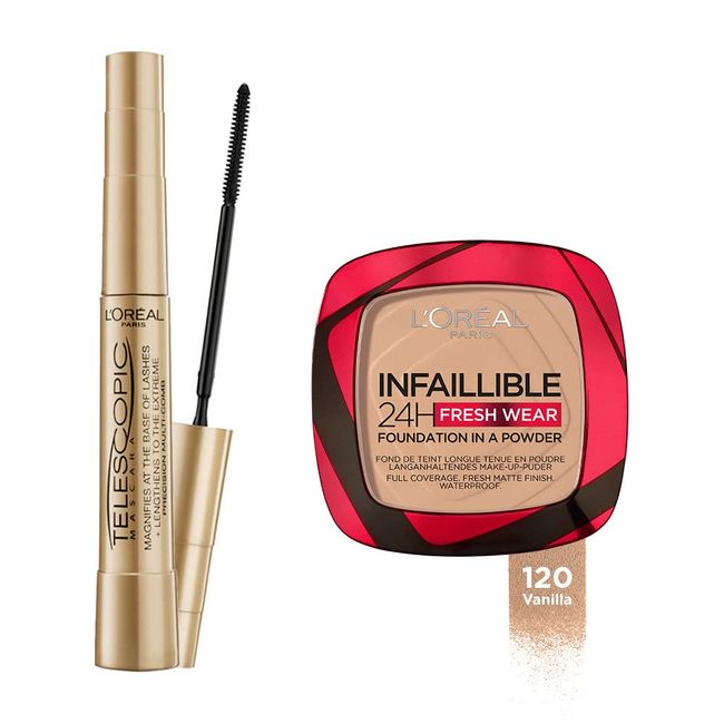 Loreal Paris Telescopic Gold Siyah Maskara & Infaillible 24H Fresh Wear Pudra Fondöten 120 Vanilla Makyaj Seti