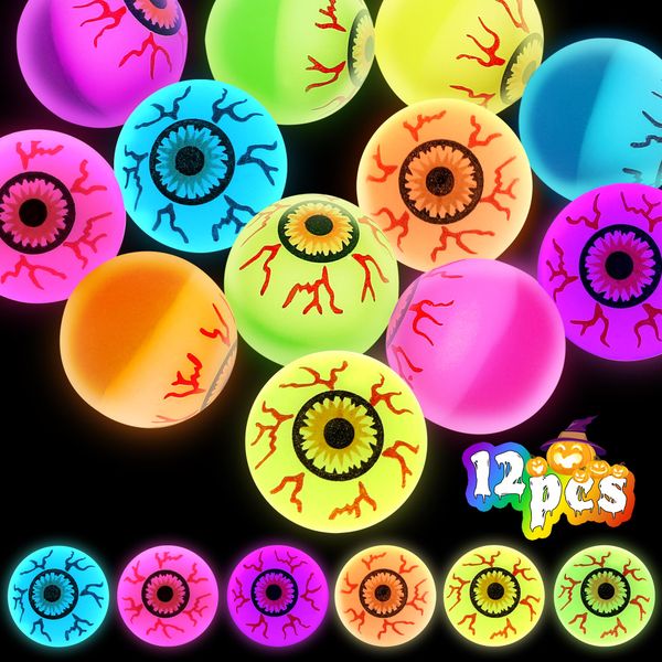 12PCS Halloween Party Favors, Glowing Bouncy Balls, Rubber Halloween Toys for Trick or Treat, 30mm Halloween Eyeballs in 6 Designs for Kids Adults Halloween Goodie Bag Stuffers Party Present Decor…