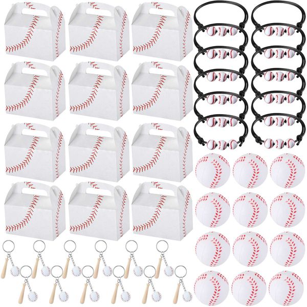 Teling 48 Pcs Baseball Party Favors Include 12 Baseball Treat Boxes 12 Mini Baseball Stress Ball 12 Mini Baseball Keychain with Wooden Bat 12 Baseball Charm Bracelets for School Team Sports Birthday