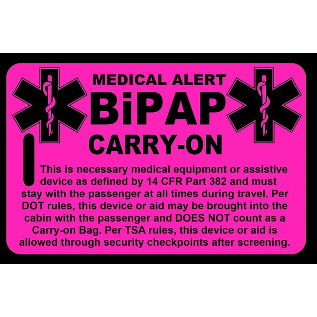 Hi-Viz Pink Carry-On BiPAP  Bag Tag - TSA - Sleep Apnea