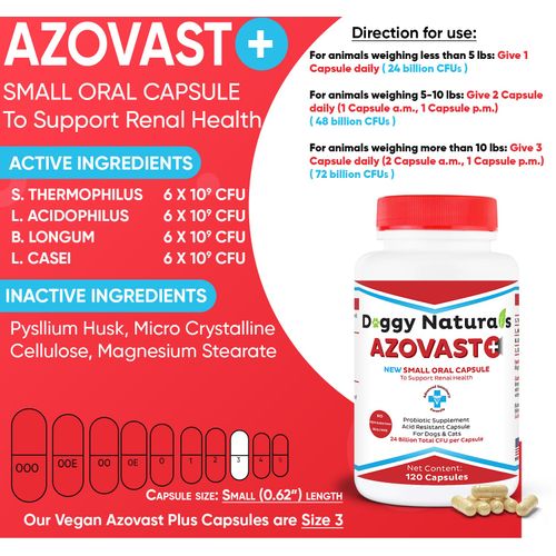 Azovast Plus Kidney Health Supplement for Dogs & Cats, 120ct - NO Refrigeration Required - Help Support Kidney Function & Manage Renal Toxins - Renal Care Supplement Capsule(U.S.A) (120 Caps)