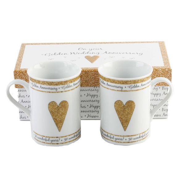 Pair of Gift Boxed Golden Anniversary Mugs - 50th Wedding Anniversary