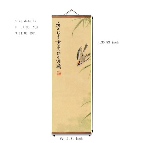 jszip Traditional Asian Wall Art Triptych, Bamboo and Bird Scroll Painting, 35.83 x 11.81 inches