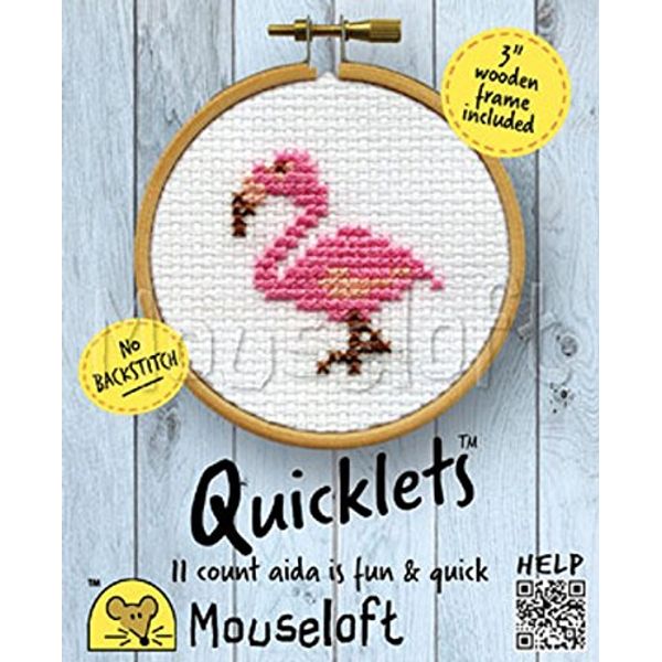 Mouseloft Mini Cross Stitch Kit - Flamingo, Quicklets Collection With 3" Wooden Frame & No Backstitch