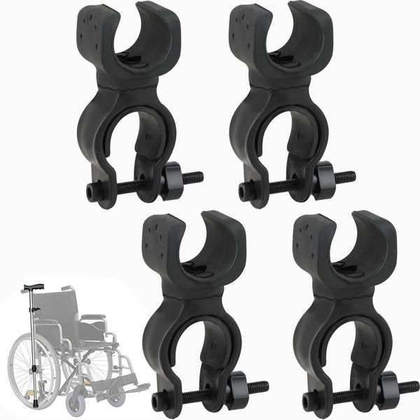 4 Pcs Walking Stick Holder, With 360 Degree Rotatable Clip Cane Holder for Drive Rollator, Walker, Wheelchair, Durable Stick Safe Holder, Universal Fit for Mobility Aid Stability