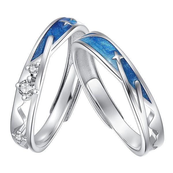 083 Base Pair Ring, Set of 2, Couple Ring, One Size Fits Most, 925 Silver, Shooting Star, Enamel, Enamel, 0.18 inches (4.5 mm), Gift Box.., Zircon