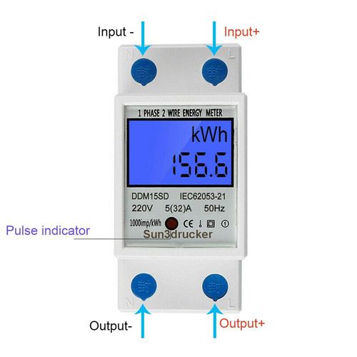 Digital DIN Rail Electricity Meter - 1-Phase 2 Conductors, 32A 220V-230V 50Hz/60Hz, LCD Backlight, AC Meter, SO Interface, 1 Decimal Place