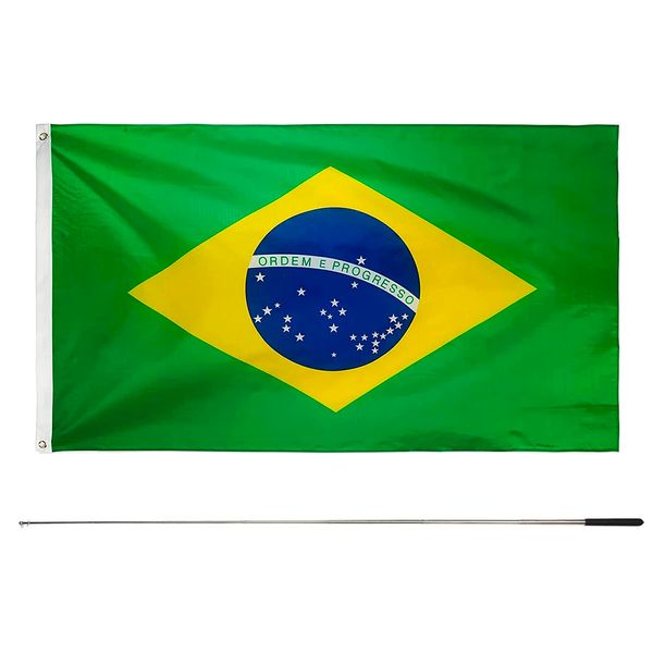 Difounmas Flag Set, Brazil Flagpole Telescopic Flag Size 35.4 x 59.1 inches (90 x 150 cm), Telescopic Flag Pole, 61.0 inches (155 cm), For International Exchanges, Festivals, Events, Soccer, Physical Education, Competitions, Representative Cheering, Cultu