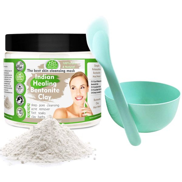 Indian Healing Clay/Natural Bentonite Clay/Detoxifying Wyoming Clay/Deep Pore Cleansing Mask, Face Skin Care, Acne Remover/With Bowl and Spatula