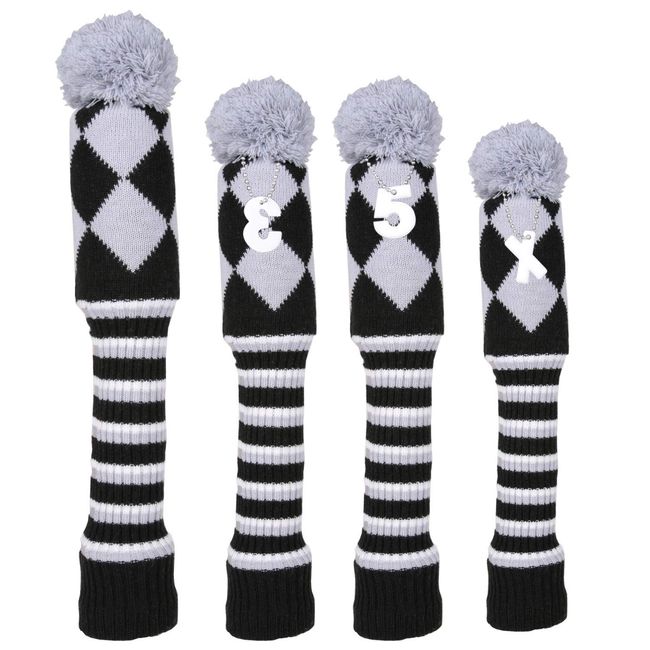 4 Piece Driver Wood FW 2 Piece Hybrid UT Knit Golf Cover Head Cover with Pendant (Gray)