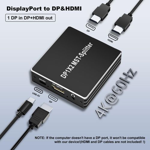 Displayport to HDMI Displayport Splitter Adapter,4K@60Hz MST SST 1 in 2 Out HDMI DP Port for Dual Monitors,Supports Extended and Mirror Mode, DP1.4 Display Port Splitter for Laptops PC Extend Display