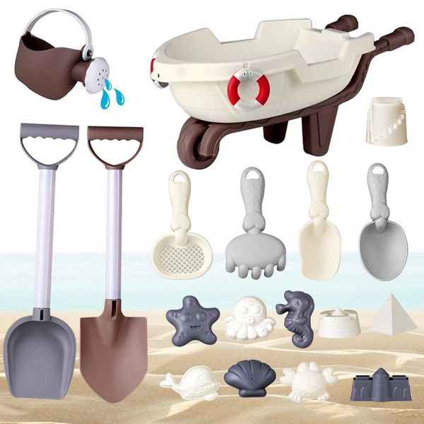 Hizmivos Beach Sand Toys,18PCS Beach Toy Trolley with Beach Bucket,Beach Shovels,Water Wheel,Watering Can and Sea Animals Molds,Summer Outdoor Travel Toys for 3-13 Kids Toddlers Girls