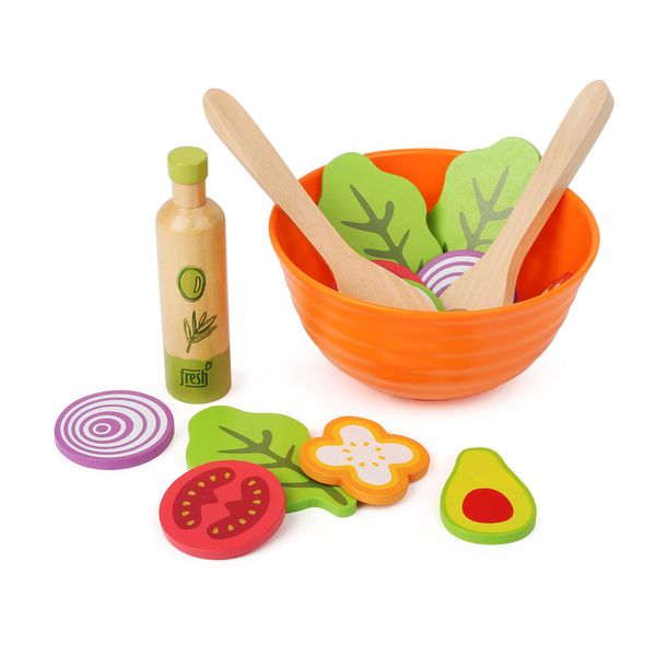 Small Foot 11476 Wooden Set, Children's Vegetarian Play Kitchen Accessory, incl. Bowl, Salad Utensils and Dressing Toys, Multicolored