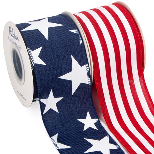 Ribbli Patriotic Ribbon Wired,2 Rolls Navy Star and Red Stripe Burlap Ribbon,2-1/2 Inch Total 60 Feets(20 Yards),Patriotic Ribbon for Crafts,Wreath,4th of July Ribbon