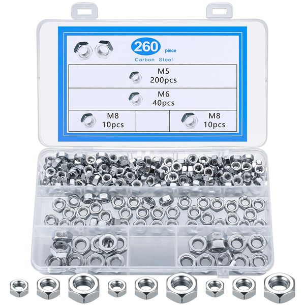 260 Pcs M5 M6 M8 Nuts, Carbon Steel Hex Nuts, Hex Full Nuts, Hexagon Nuts, Self Locking Nuts, Standard Thread Nuts, Threaded Inserts Hex Nuts Set