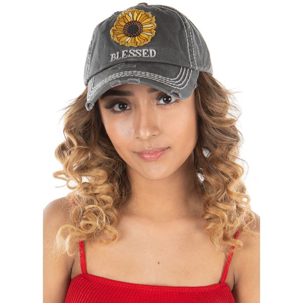 Funky Junque Womens Baseball Cap Distressed Vintage Unconstructed Embroidered Patch Hat (Blessed w/Sunflower - Black)
