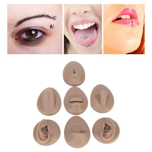 7PCS Piercing Practice Body Parts, Silicone Body Parts for Piercing Kit, Fake Body Parts, Soft Silicone Ear, Mouth Nose Eye and Tongue Navel Model(Dark Skin Color)