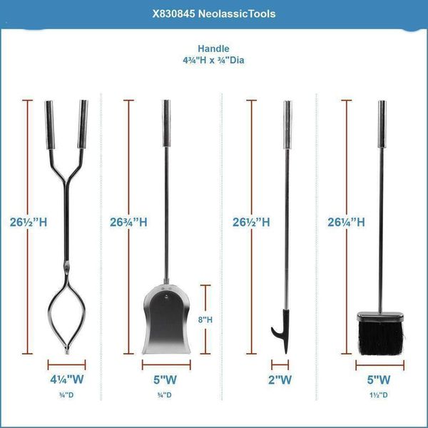 ACHLA DESIGNS 5-Pcs Fireplace Tool Set Solid Zinc Die-Cast Handles Chrome Finish