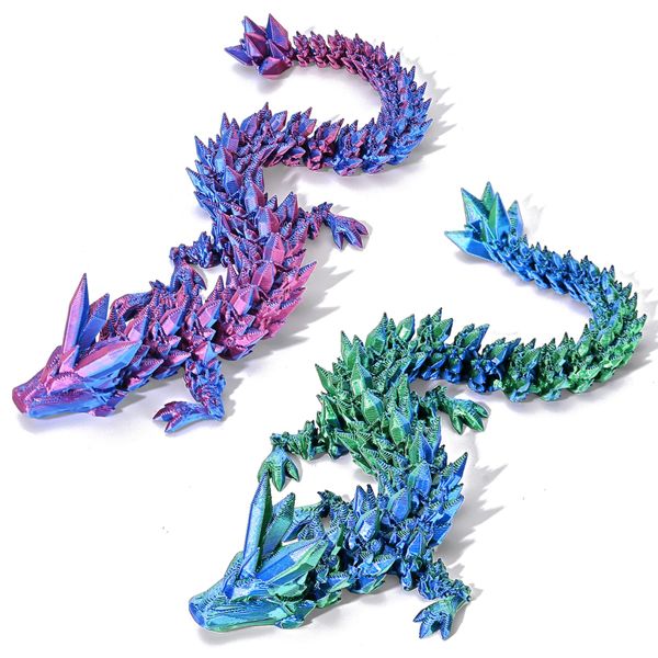 Beesini 3D Printed Dragon, 2PCS 12inch Dragon, 3D Printed Animals, Crystal 3D Dragon Fidget, Home Office Decor Executive Desk Toys