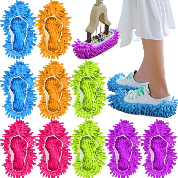 10 Pieces Microfiber Mop Slippers Shoes Cover Soft Washable Reusable Floor Polishing Dust Dirt Hair Men Women Sweeper Cleaning Mop Tool for House Office Bathroom Kitchen, Multicolored 5 Pairs