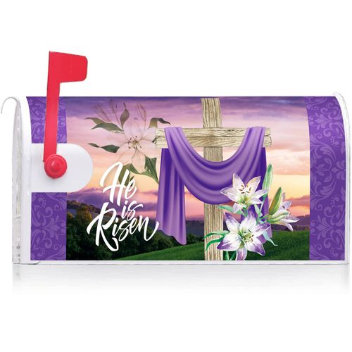 Texupday He is Risen Religious Cross Lilies Decoration Easter Mailbox Cover with Magnetic Strip Holiday Mailbox Wraps Post Letter Box Cover Standard Size 21" X 18" for Garden Outdoor Yard Decor
