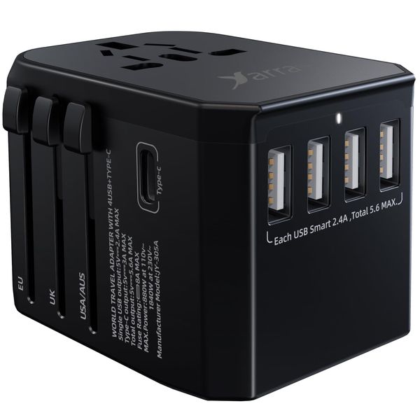 Reiseadapter Reisestecker Universal 224 Ländern Travel Adapter, 2000W Fast Charge Weltweit mit 4 USB Ports + Type C + AC Reise Steckdosenadapter Steckdose International für USA Europa UK Asia usw