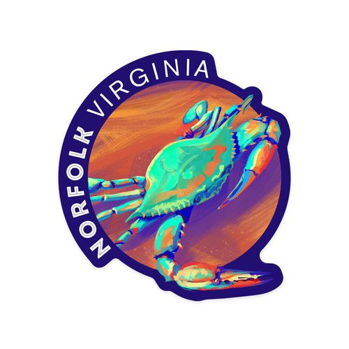 Die Cut Sticker Norfolk, Virginia, Vivid Series, Blue Crab, Vinyl Sticker 1 to 3 inches (Waterproof Decal for Cars, Water Bottles, Laptops, Coolers), Small