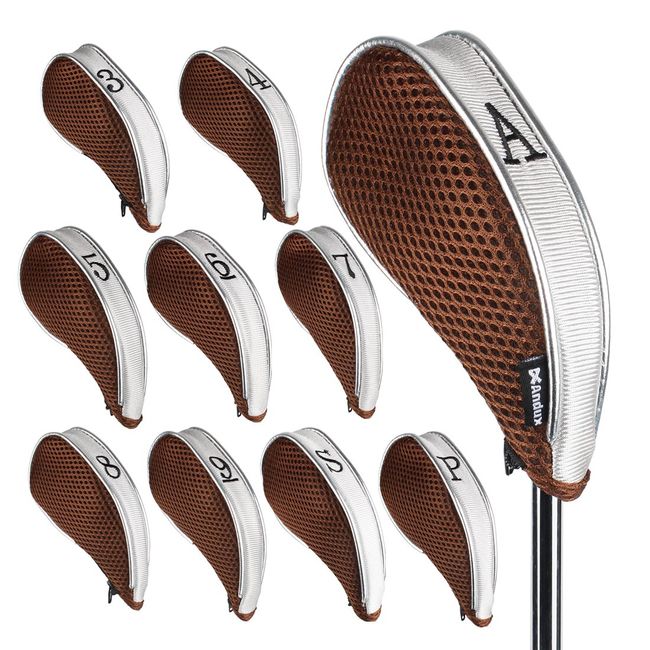 Andux Mesh Golf Iron Club Head Covers with Zipper Left and Right Handed 10pcs/set (Coffee/Grey)