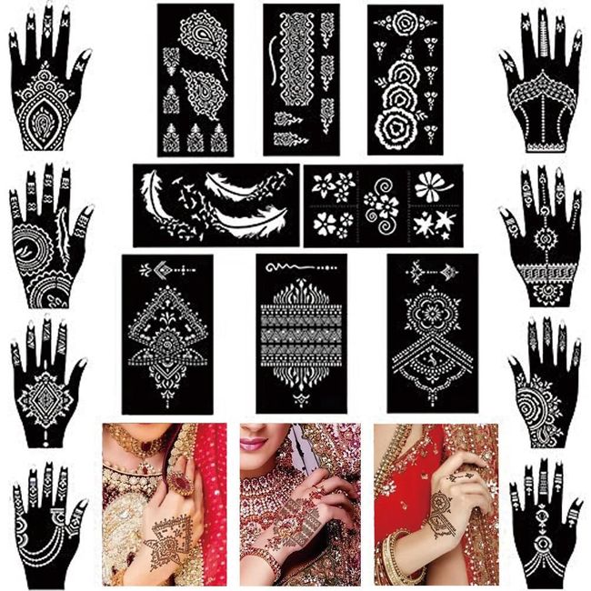 XMASIR 16 Sheets Tattoo Stencil Kit Reusable Temporary Tattoo Indian Arabian Tattoo Stickers Stencils Body Art for Women Hands