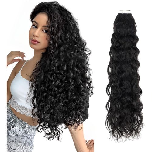 ABH AMAZINGBEAUTY HAIR Remi Seamless Curly Tape in Hair Extensions 4b Semi-permanent Double Sided Tape on Extensions Jet Black 18 Inch 50 Gram 20pcs