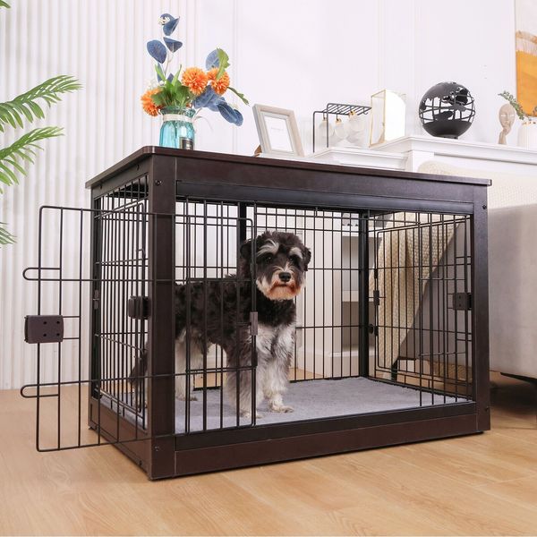 38" Heavy Duty Dog Crate Pet Furniture End Table Wooden Dog Cage w/ 3 Side Doors