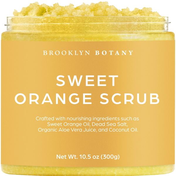 Brooklyn Botany Dead Sea Salt and Sweet Orange Body Scrub - Moisturizing and Exfoliating Body, Face, Hand, Foot Scrub - Fights Stretch Marks, Fine Lines, Wrinkles - Great Gifts for Women & Men - 10.5 oz