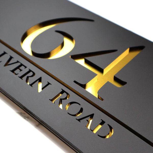 K Smart Sign | Bellissima H3 F32 | Matt Black | 300mm x 160mm | 3d Laser Cut Contemporary house sign door number plaques address signs mirror finishes (Matt Black & Gold Mirror)