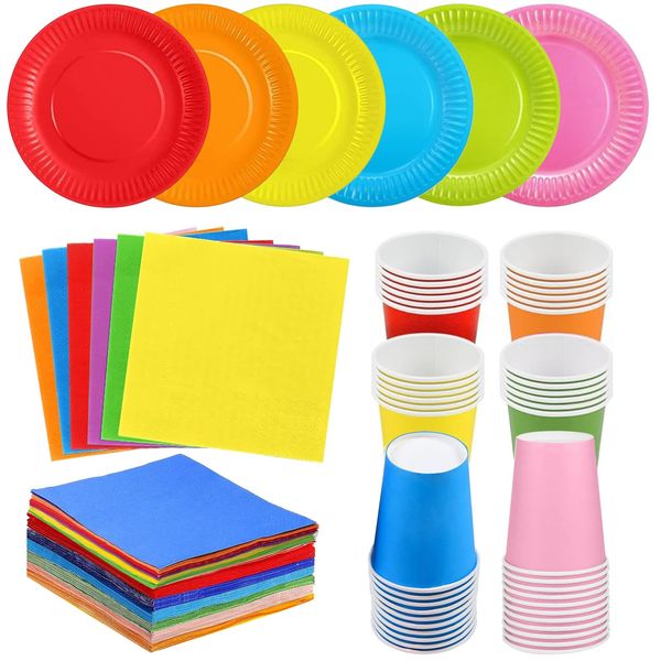 90 Pack Colorful Party Paper Plates Cups Napkins, Rainbow Party Tableware Set Multicolor Paper Dinner Plates Luncheon Cocktail Napkins 250ml Paper Cups for DIY Birthday Holiday Party