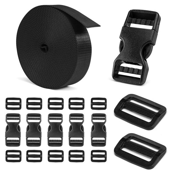 BEYOURD Buckles and Straps Set 1": 6 Yards of Thick Nylon Webbing, 6-Pack Heavy Duty Adjustable Quick Side Release Plastic Buckles, 12 Tri-Glide Slide Clips, Black (1-Inch Combo Set)