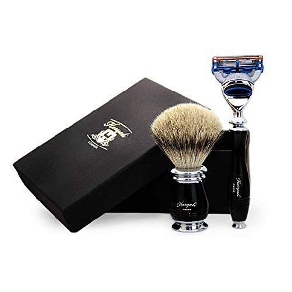 Haryali London Shaving Set For Mens| Pure Silver Tip Badger Hair Shaving Brush with Black Metal Handle | 5 Edge Safety Razor | Perfect Mens Shaving Set