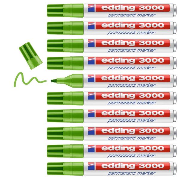 edding 3000 Permanentmarker - hell-grün - 10 Stifte - Rund-Spitze 1,5-3 mm - schnell trocknender Permanent Marker - wasserfest, wischfest - für Karton, Kunststoff, Holz, Metall - Universalmarker