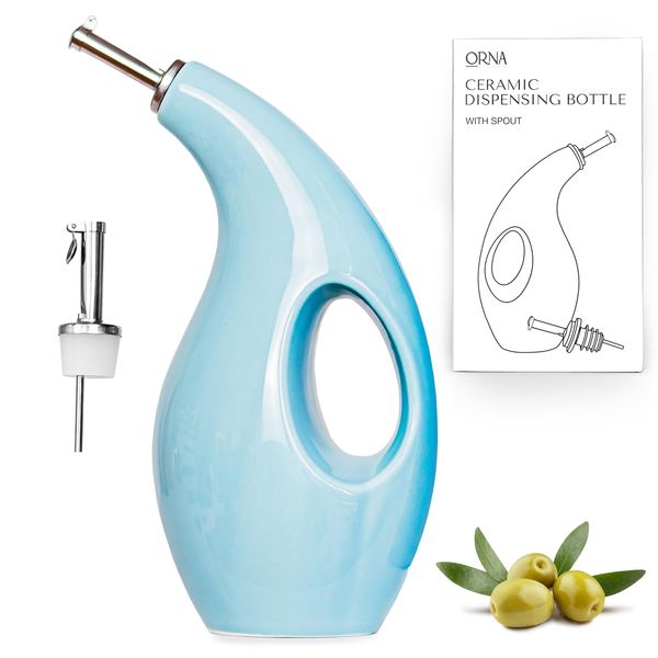 ORNA Ceramic Oil Dispenser Bottle with 2 Pourers – 700ml / 24 Oz Drizzle Bottle – Cruet Dispensing Bottle for Kitchen with Stainless Steel Spouts for Olive Oil, Vinegar, Syrup – Turquoise