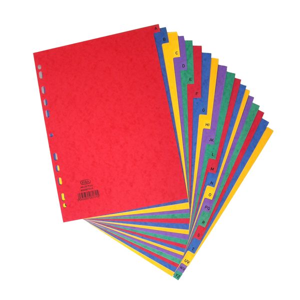 Elba A4 A-Z Pressboard Divider, Assorted Colours, Extra Strong Card 225gsm