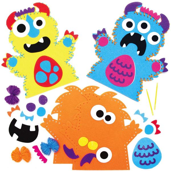 Baker Ross AX244 Monster Bunch Hand Puppet Kits - Pack of 4, Storytelling Arts and Crafts for Kids Great for Parties, Schools and Bedtime Stories,23.5 cm