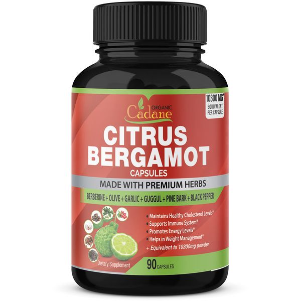 Organic Cadane Citrus Bergamot Extract Capsules 10300mg, 90 Capsules with Berberine, Olive, Guggul, Garlic, Pine Bark, Black Pepper | Support Overall Health, Promotes Immune System| 3 Months Supply