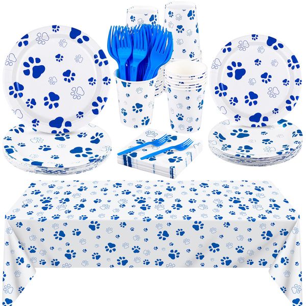 durony 121 Pieces Blue Paw Print Party Supplies Dog Birthday Tablecloth, Plates, Napkins, Forks and Paper Cups Decorations for Puppy Theme Party Supplies