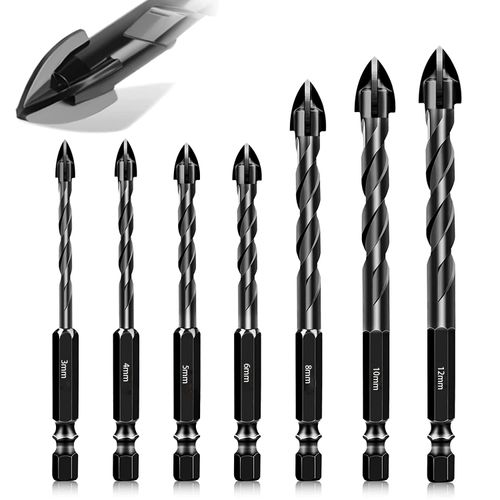 TAORAYO Concrete Drill Bit, Pottery, Glass Drill Bit, 7 Pieces, 4 Blade Hexagonal Shank, Glass Drill, 0.1 inch (3 mm), 0.2 inch (4 mm), 0.2 inch (6 mm), 0.3 inch (8 mm), 0.3 inch (10 mm), 0.5 inch (12 mm), For Drilling Castings, Glass Drill, Glass Drill, 