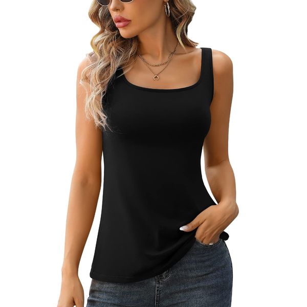 V FOR CITY Tank Top for Women with Built-in Bra Adjustable Wide Strap Camisole Cotton Yoga Shirts Black