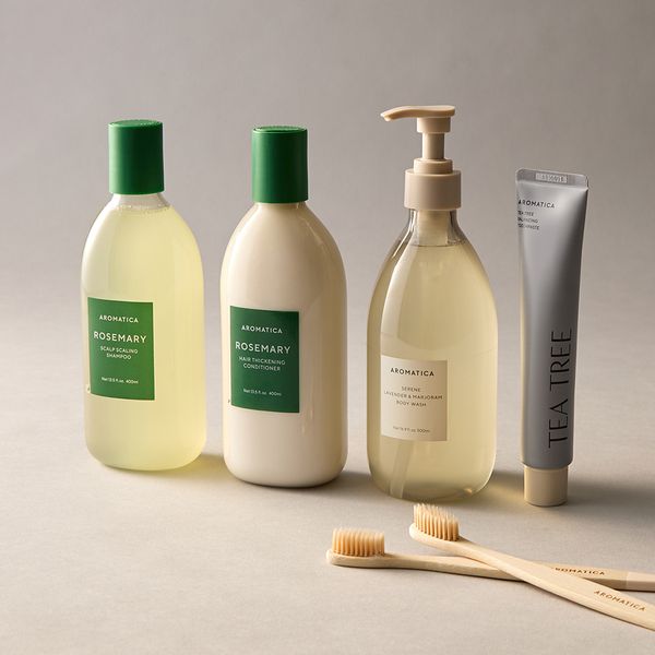 [Naver Exclusive] Aromatica Housewarming Gift Set of 4 - Rosemary Shampoo 400ML &amp; Conditioner 400ML &amp; Seren Body Wash &amp; Tea Tree Toothpaste (+ Bamboo Toothbrush Duo Gift)