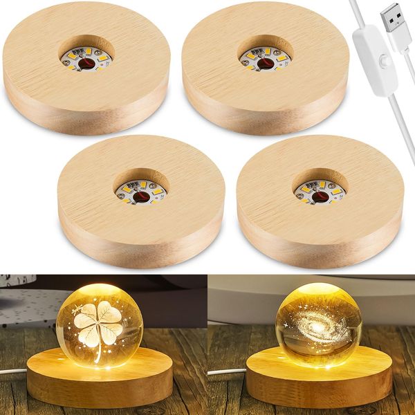 Honoson 4 Pcs LED Display Base Wooden LED Base Wood LED Light for Crystal Wood Display Lighted Base for Glass Display 3D Glass Resin Art (Round)(Round)