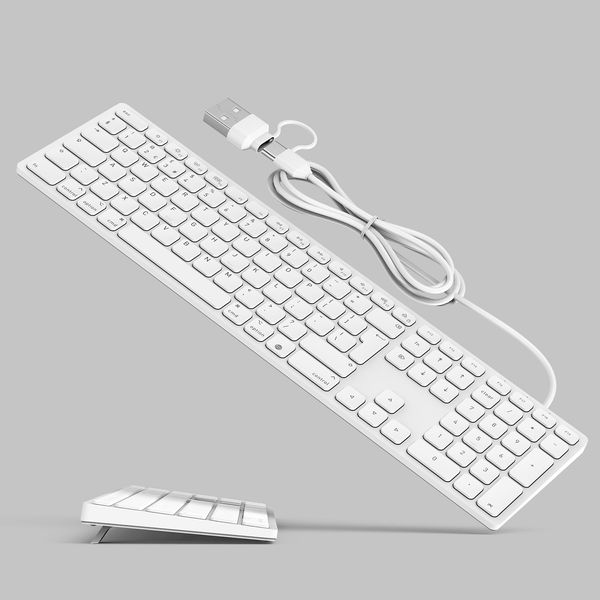 Wired Full-Size Keyboard for Mac OS with Foldable Keyboard Riser, Numeric Keypad, USB-A/USB-C Plug-N-Play, Compatible with Apple iMac, Mac Mini, MacBook