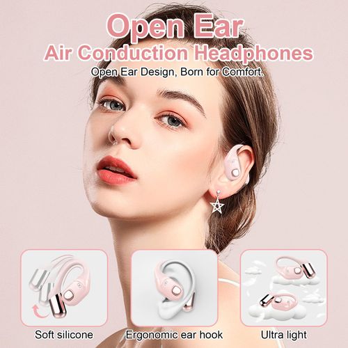 2B2C Open Ear Earbuds, Bluetooth 5.3 Wireless Air Conduction Headphones with Mic, LED Display Charging Case&Fast Charging, Ultra-Light Weight, 80H Playtime Earbuds for Work, Sports (Pink)