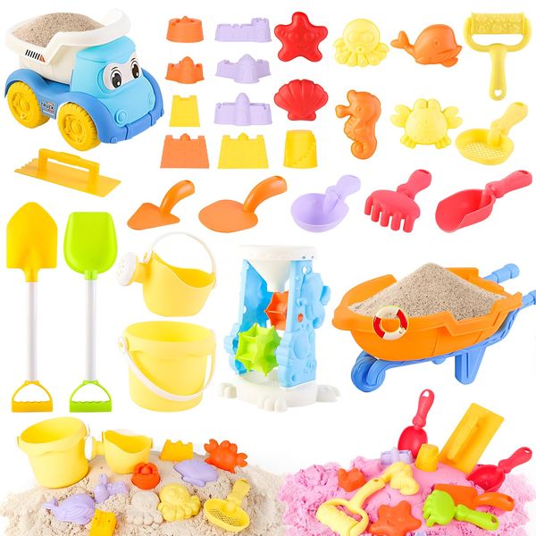 deAO Beach Toy for Kids | 30Pcs Sand Toys Set with Dump Truck, Sand Molds, Shovels, Sand Castle Molds Kit, Rakes and Watering Can, Outdoor Toys for Kids Toddlers Boys Girls