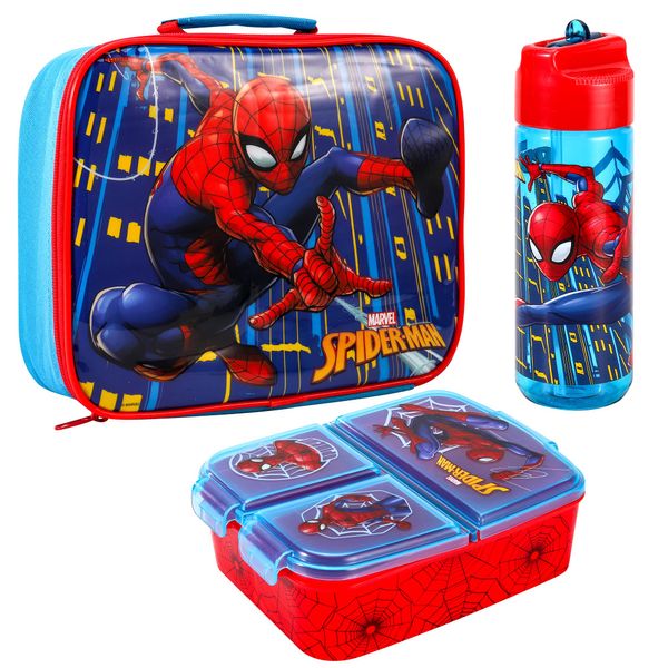 Zawadi Global Spiderman Kids Childrens Lunch Box Set – Insulated Lunch Bag, Multicompartment Lunch Box & 540ml Water Bottle - School Travel Lunch Food Set, BPA Free